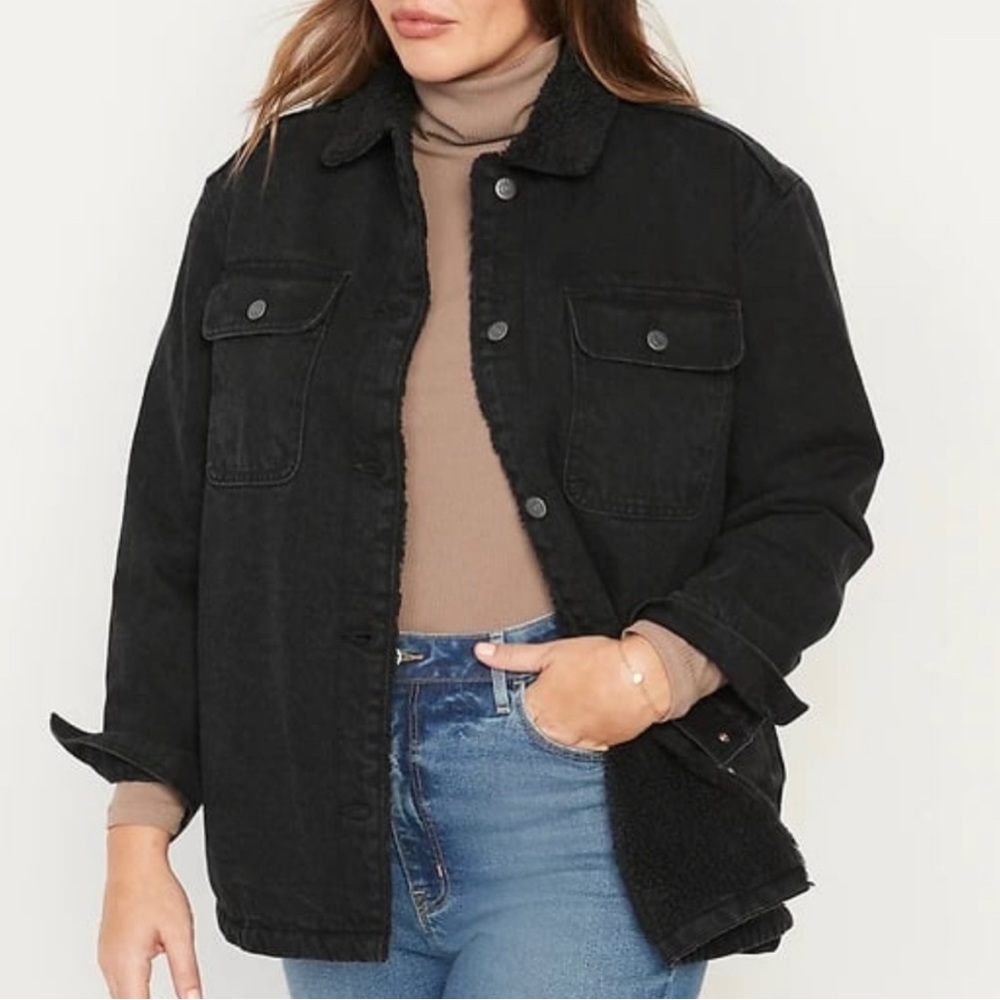 NWT Old Navy Sherpa-lined Black-wash nonstretch jean utility shacket Size XXL